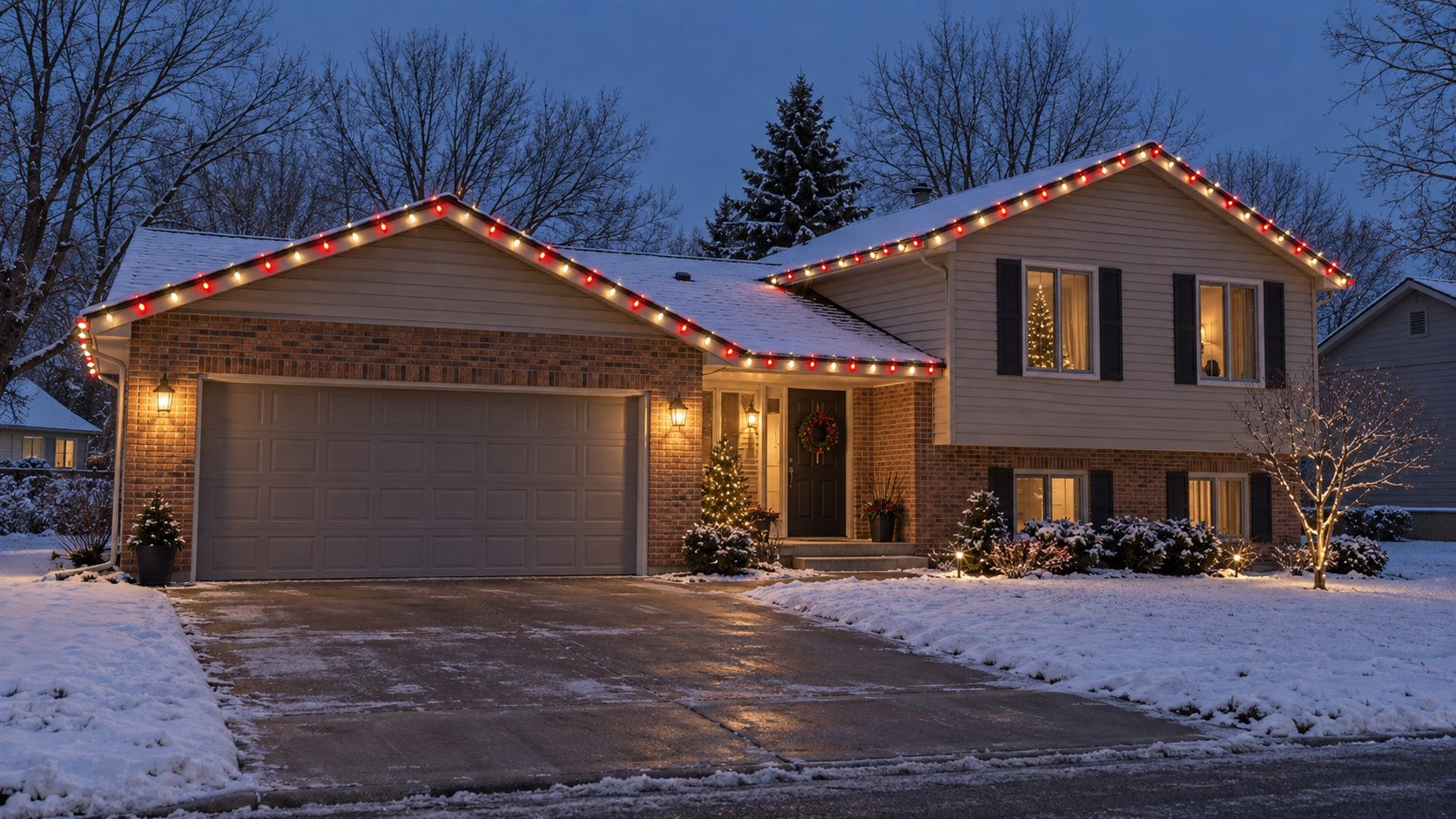 Design concept: alternating red and white Christmas bulbs along a home's roofline