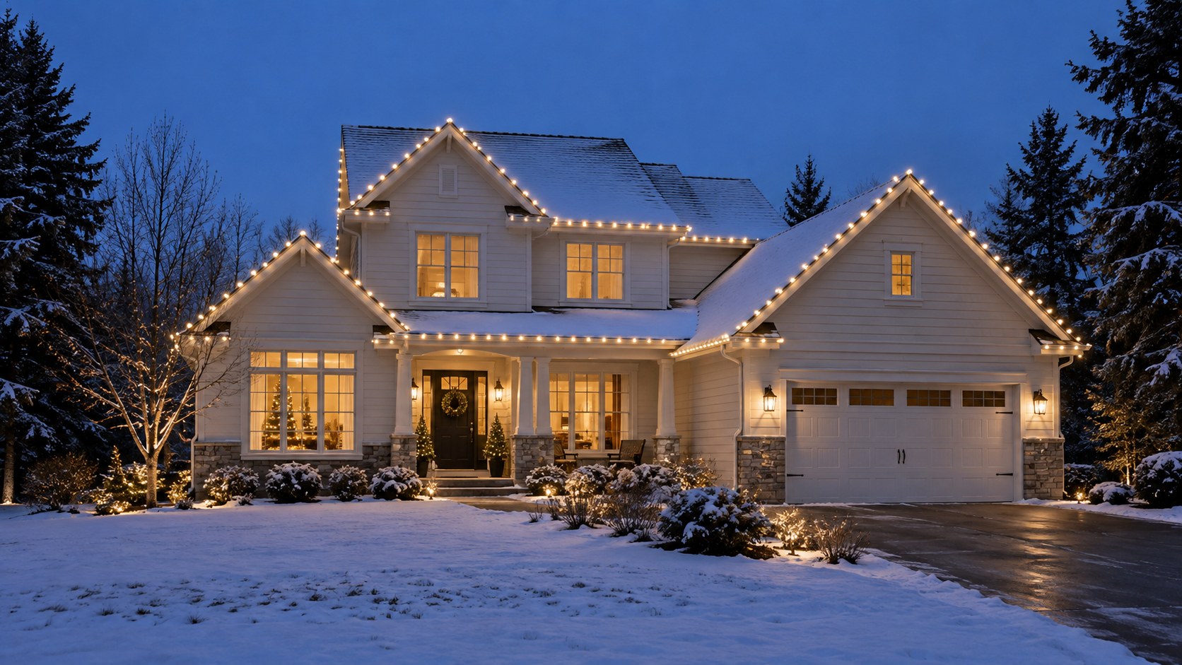 Design example of a snowy Minnesota-style home outlined in warm white Christmas lights
