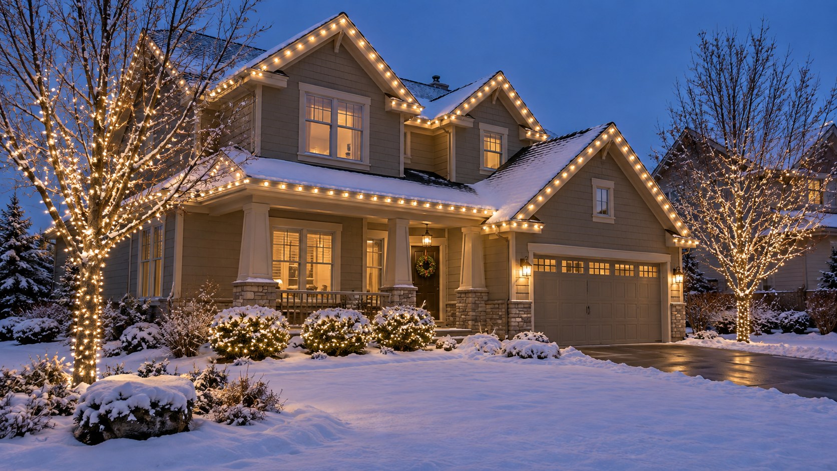 Design concept: warm white roofline lights with illuminated shrubs and wrapped small trees