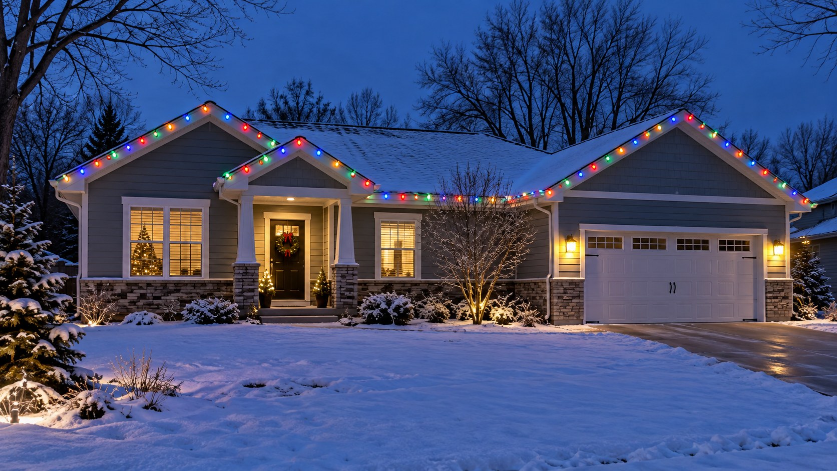 Design concept: a snowy suburban home decorated with multicolor Christmas lights